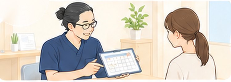 次回の予約をタブレットで確認している様子